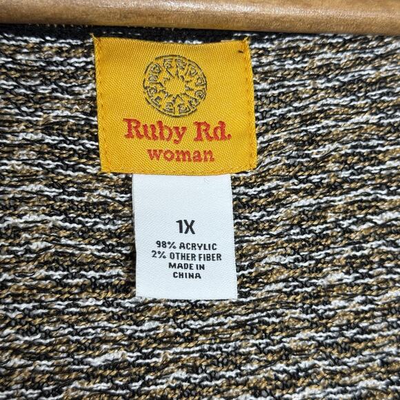 Ruby Rd Cardigan Sweater Womens 1X Black Tan Fringe Open Front Boho Knit Aztec - Picture 4 of 7
